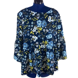 Time and Tru XXL (20) blue floral 3/4 bell sleeve boho retro peasant top‎